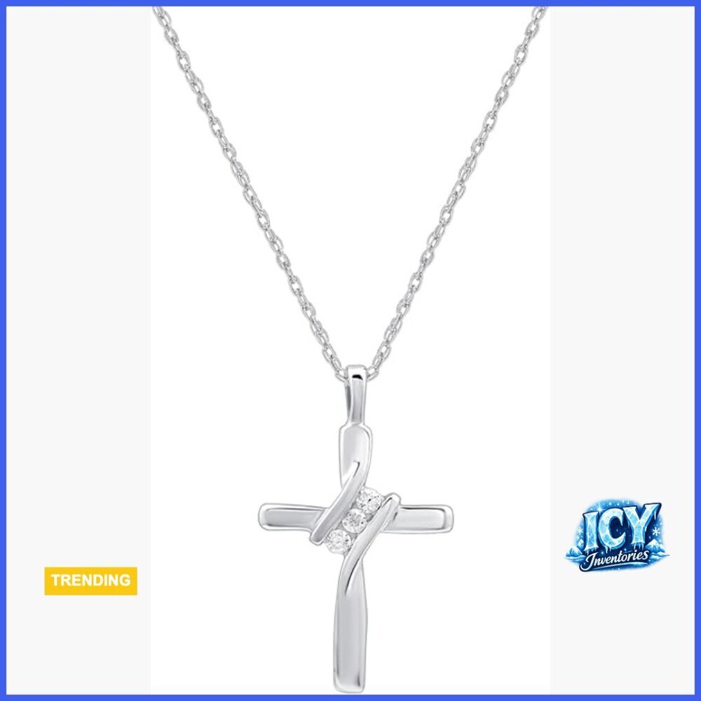 10K White Gold Natural Diamond Cross Pendant Necklace 18"